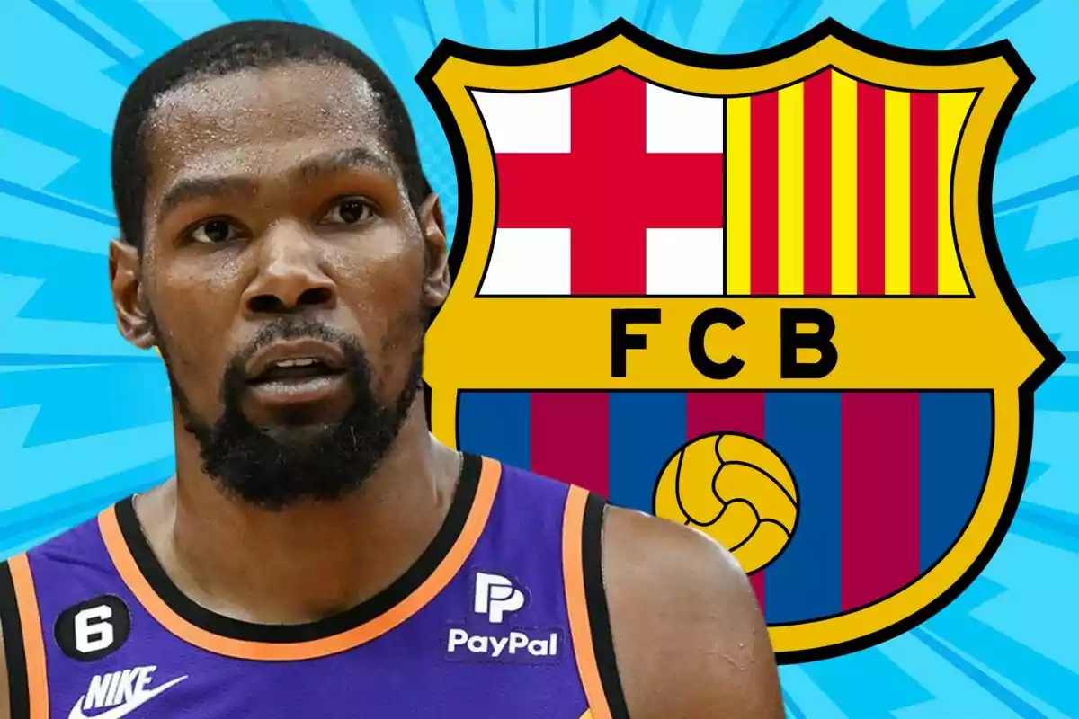 A basketball player in a purple uniform appears in front of the FC Barcelona crest against a blue background.