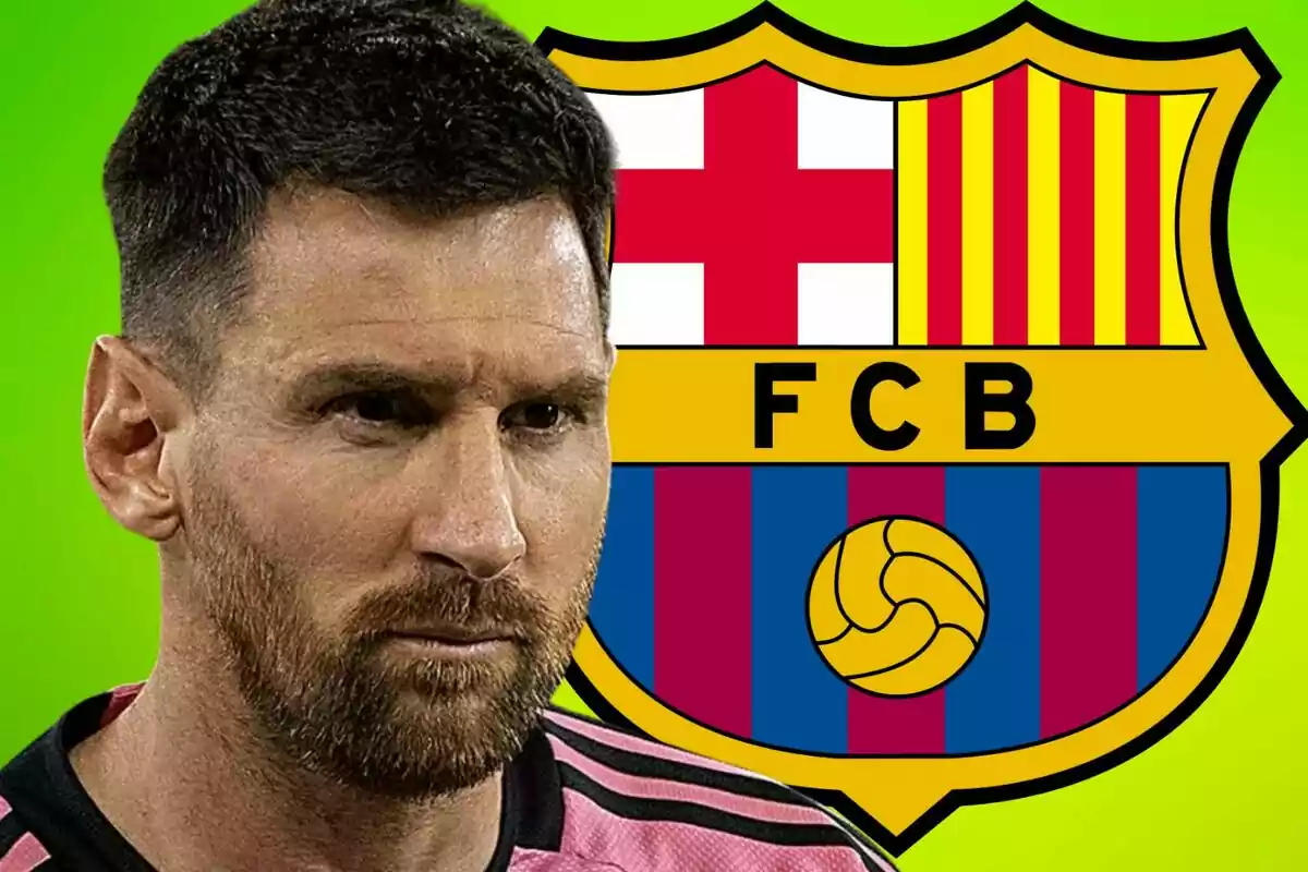 A player in a pink jersey appears in front of the FC Barcelona crest against a green background.