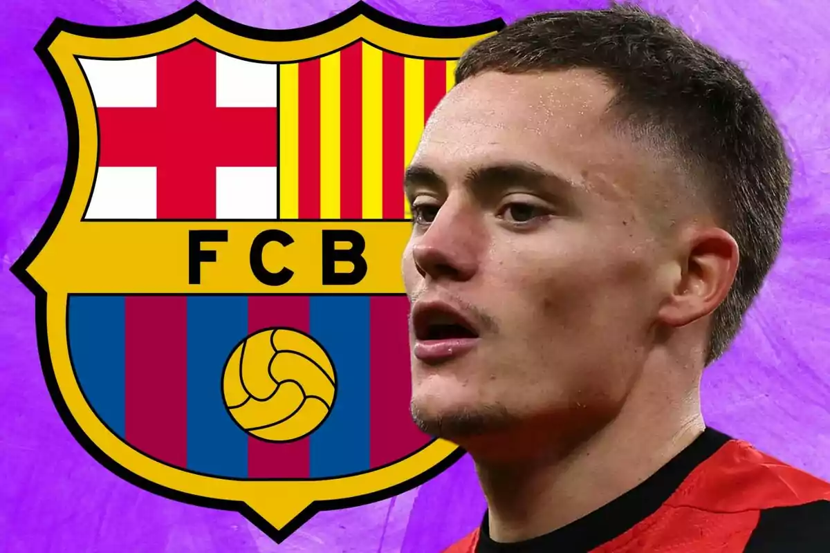 A player in front of the FC Barcelona crest on a purple background.