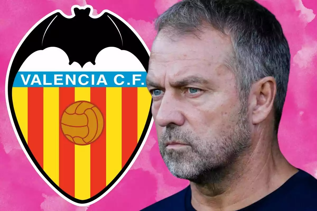 A man with a serious expression next to the Valencia C.F. crest on a pink background.