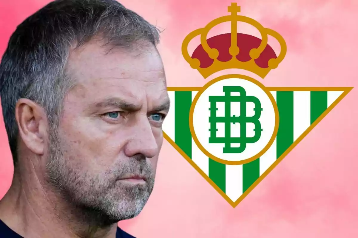 Un hombre con expresión seria junto al escudo del Real Betis sobre un fondo rosado.