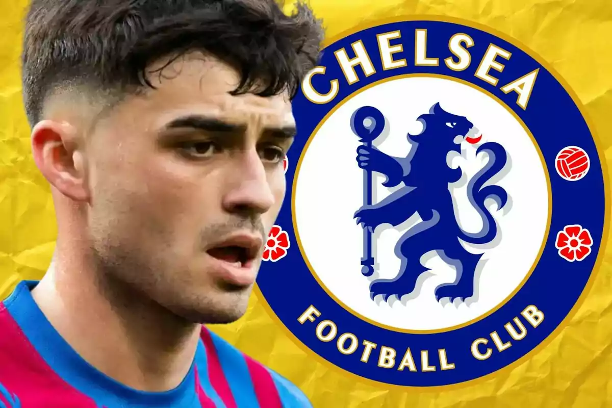 A player in a blue and red jersey appears next to the Chelsea Football Club crest on a yellow background.