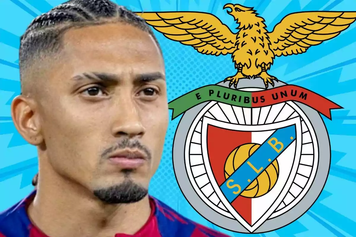 A man with braids and a serious expression appears next to a soccer team's crest featuring a golden eagle and the phrase "E Pluribus Unum" on a blue background.