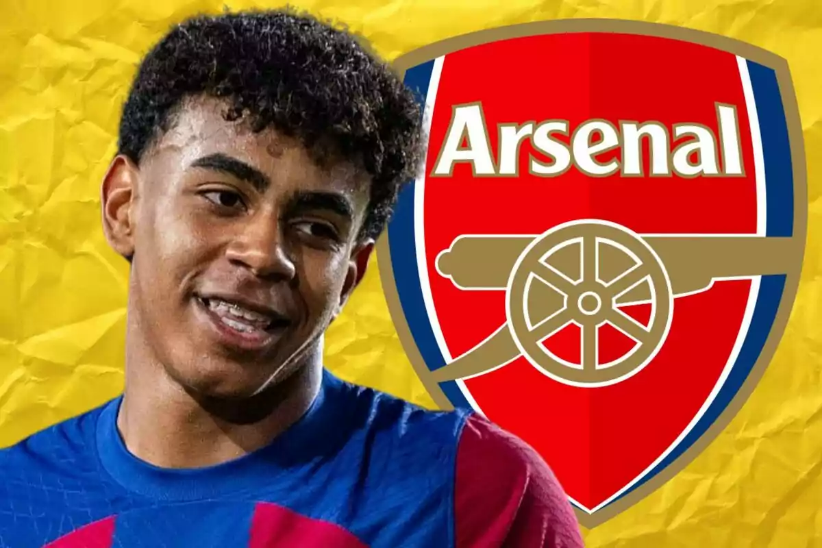 A player in a blue and red jersey in front of the Arsenal crest on a yellow background.