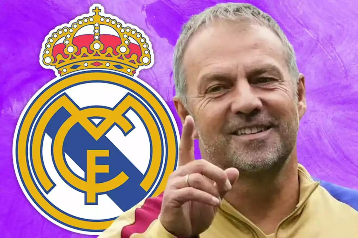 A smiling man points with his finger in front of the Real Madrid crest against a purple background.