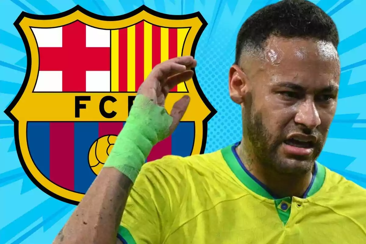 A player wearing a yellow jersey and a green bandage on his hand appears in front of the FC Barcelona crest on a blue background.