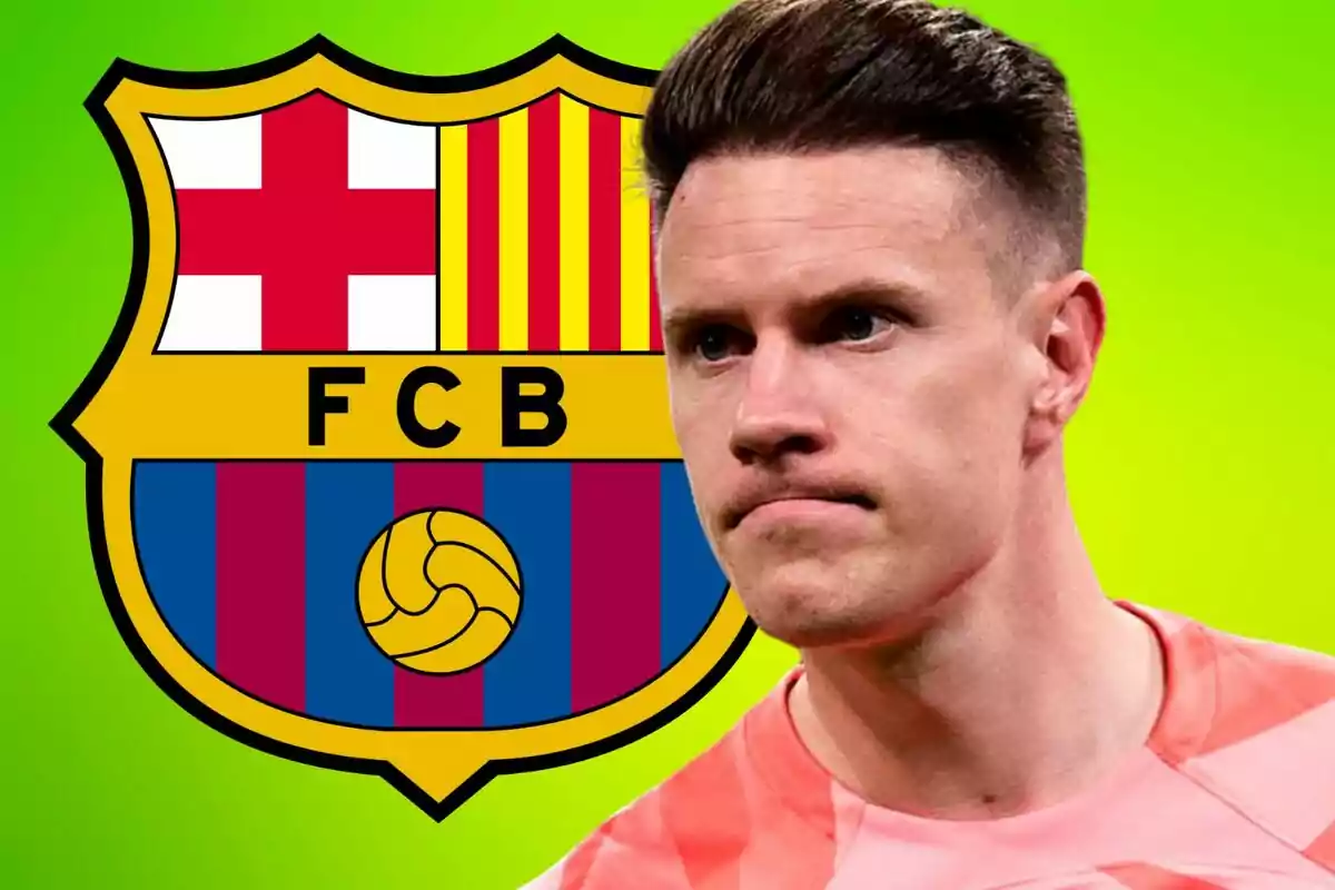 A player in a pink jersey appears in front of the FC Barcelona crest against a green background.