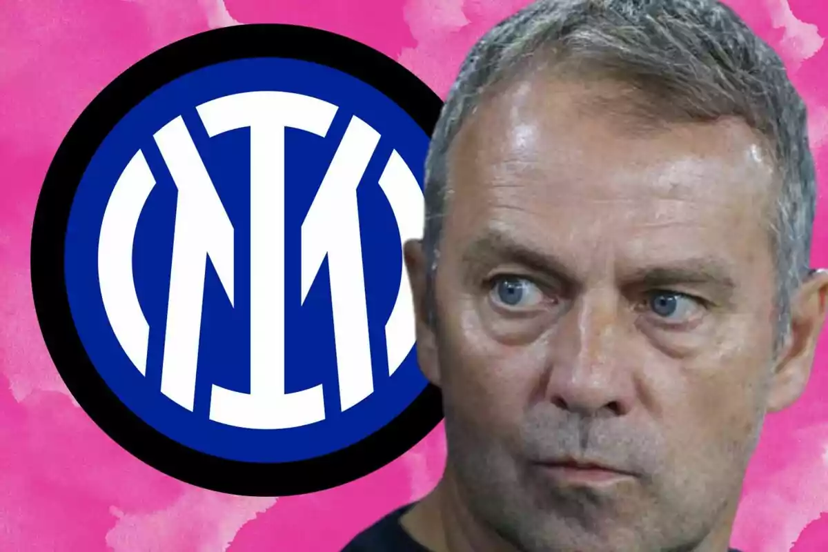 Un hombre con expresión seria frente al logo del Inter de Milán sobre un fondo rosa.