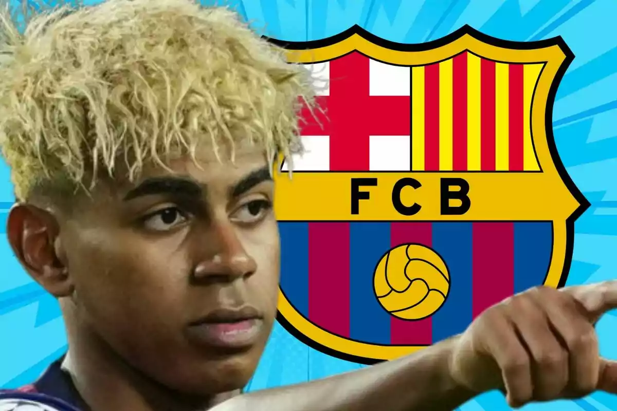 Un jugador de fútbol con cabello rubio aparece frente al escudo del FC Barcelona.