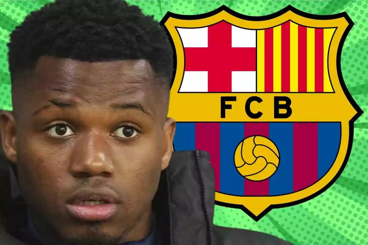 Un hombre con expresión seria junto al escudo del FC Barcelona sobre un fondo verde.
