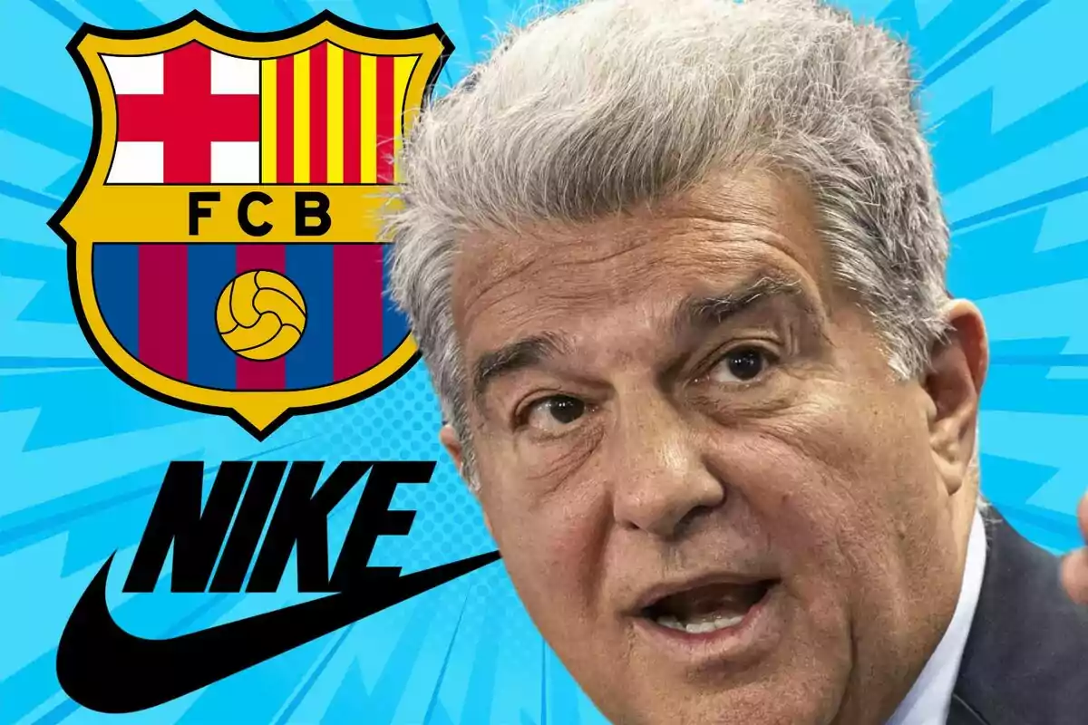 Un hombre mayor con cabello canoso aparece en primer plano con el escudo del FC Barcelona y el logo de Nike en el fondo azul.
