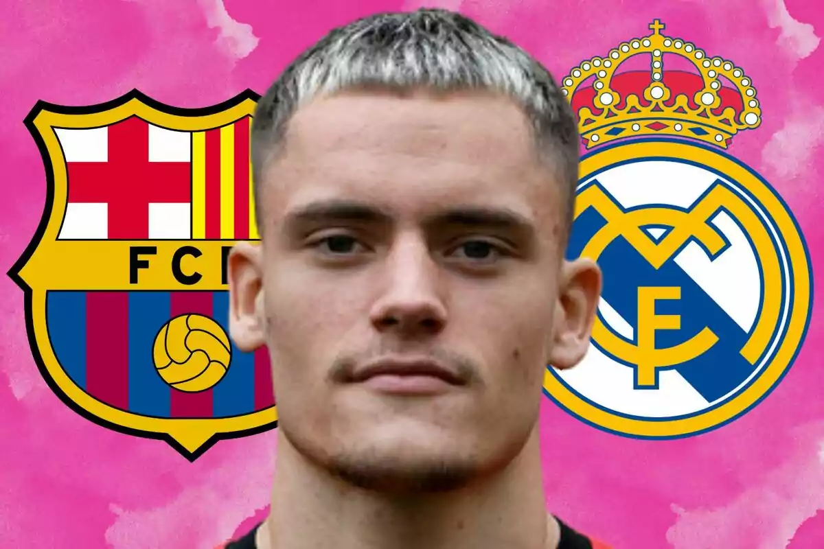 A young man with short, light hair in front of the FC Barcelona and Real Madrid crests on a pink background.