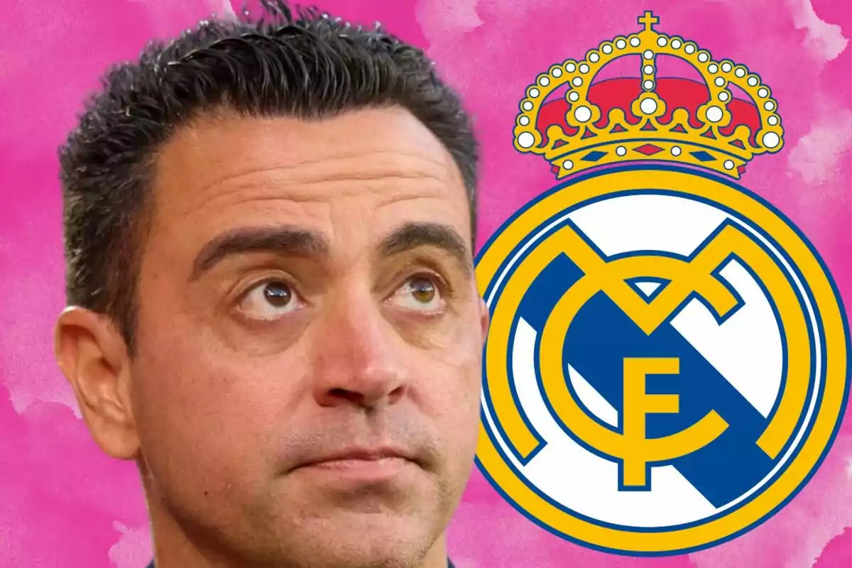 Hombre mirando hacia arriba con el escudo del Real Madrid sobre un fondo rosa.