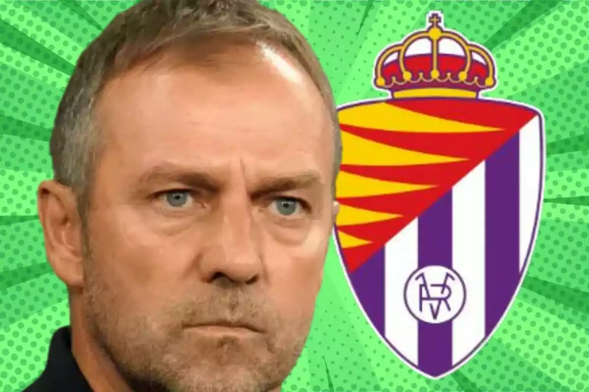 Un hombre serio con fondo verde y un escudo de fútbol.