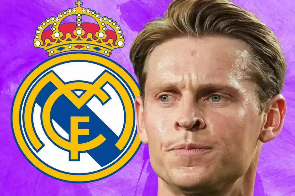 Un hombre con expresión seria frente al escudo del Real Madrid sobre un fondo morado.