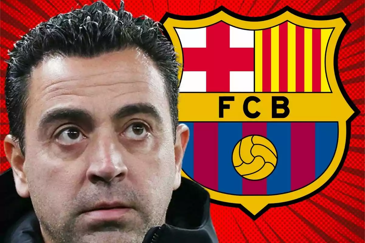 A man with a serious expression in front of the FC Barcelona crest against a red background.