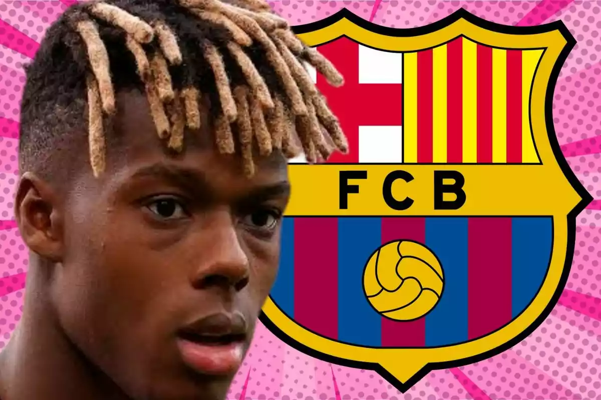 Un jugador de fútbol con peinado de rastas rubias aparece junto al escudo del FC Barcelona sobre un fondo de diseño colorido.