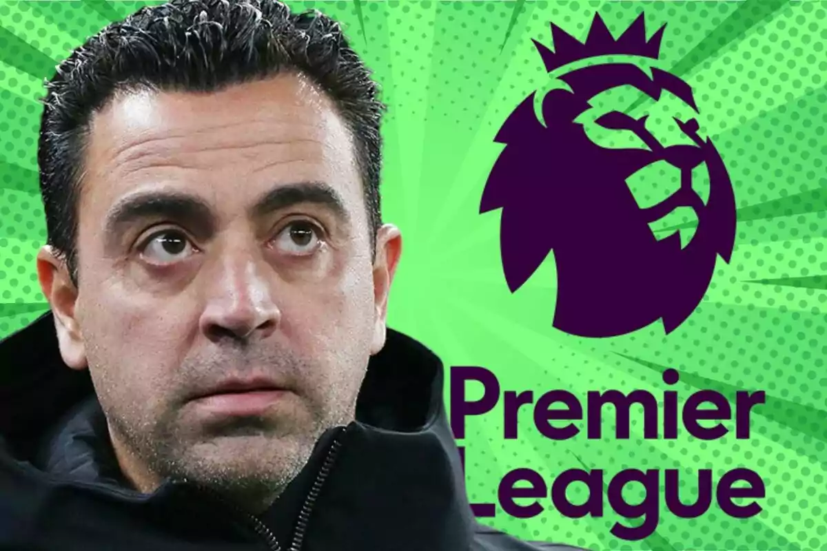 A man with a serious expression appears next to the Premier League logo on a green background with a design of dots and rays.