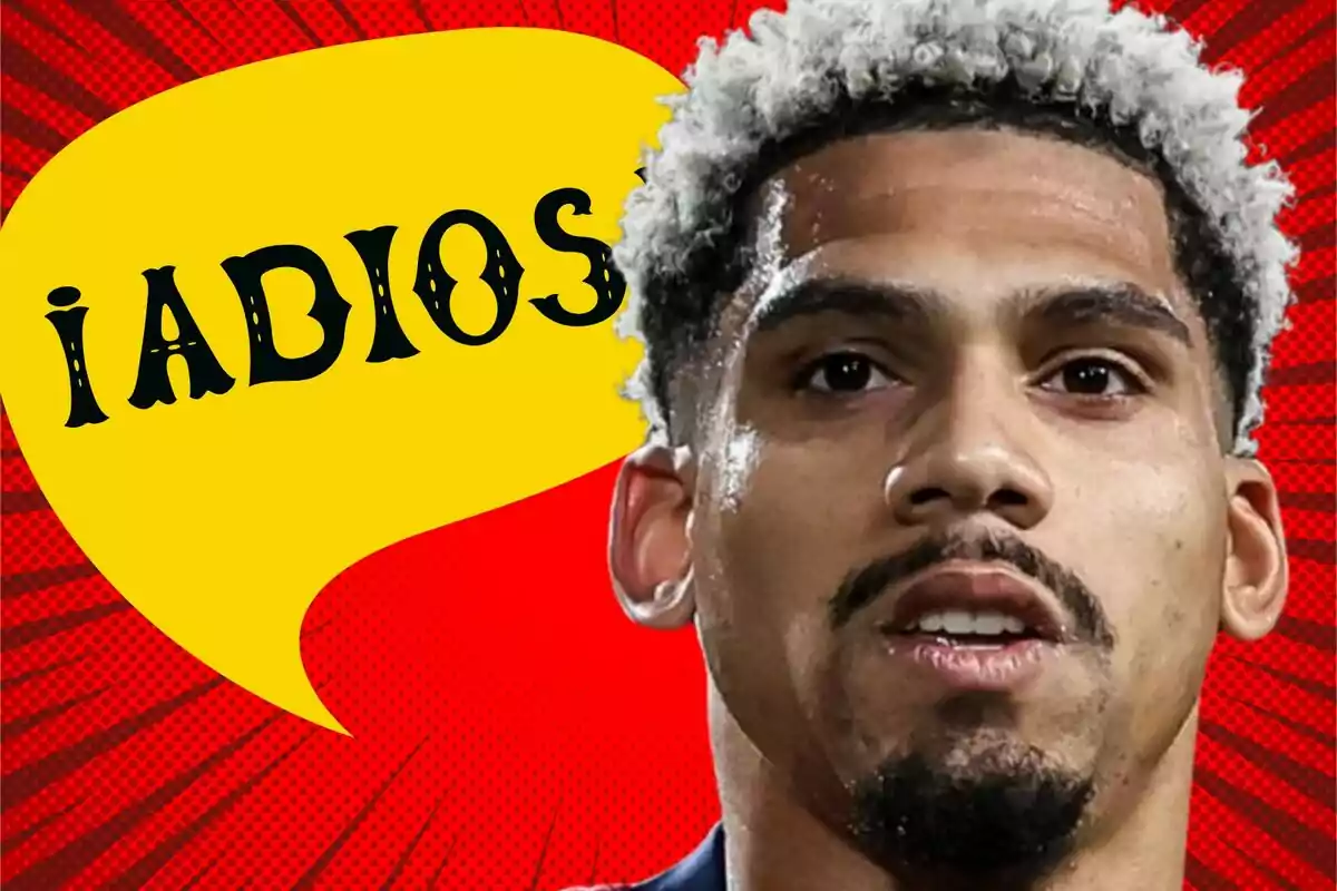 Un hombre con cabello rizado y barba aparece en primer plano sobre un fondo rojo con un diseño de cómic, acompañado de un globo de diálogo amarillo que dice "¡ADIOS!".