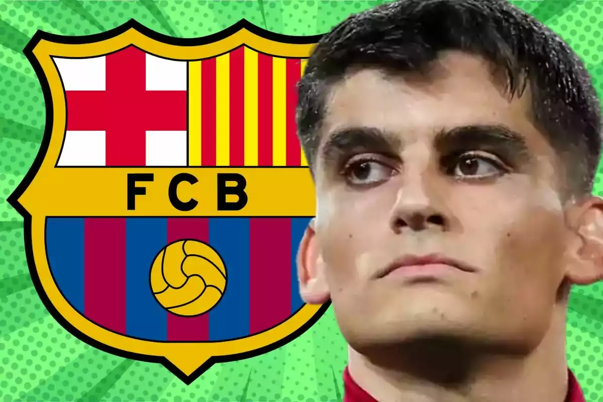 Un hombre con expresión seria aparece frente al escudo del FC Barcelona sobre un fondo verde con puntos.