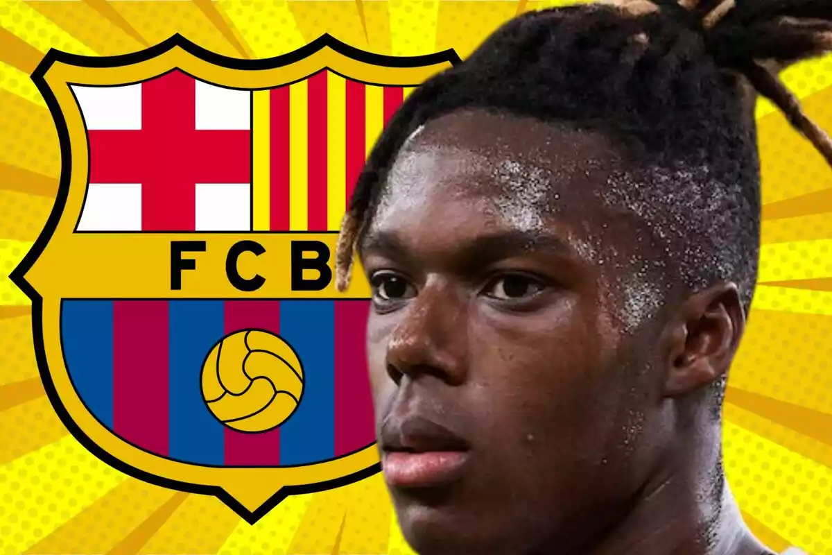 A player with the FC Barcelona crest in the background on a yellow design with lightning bolts.