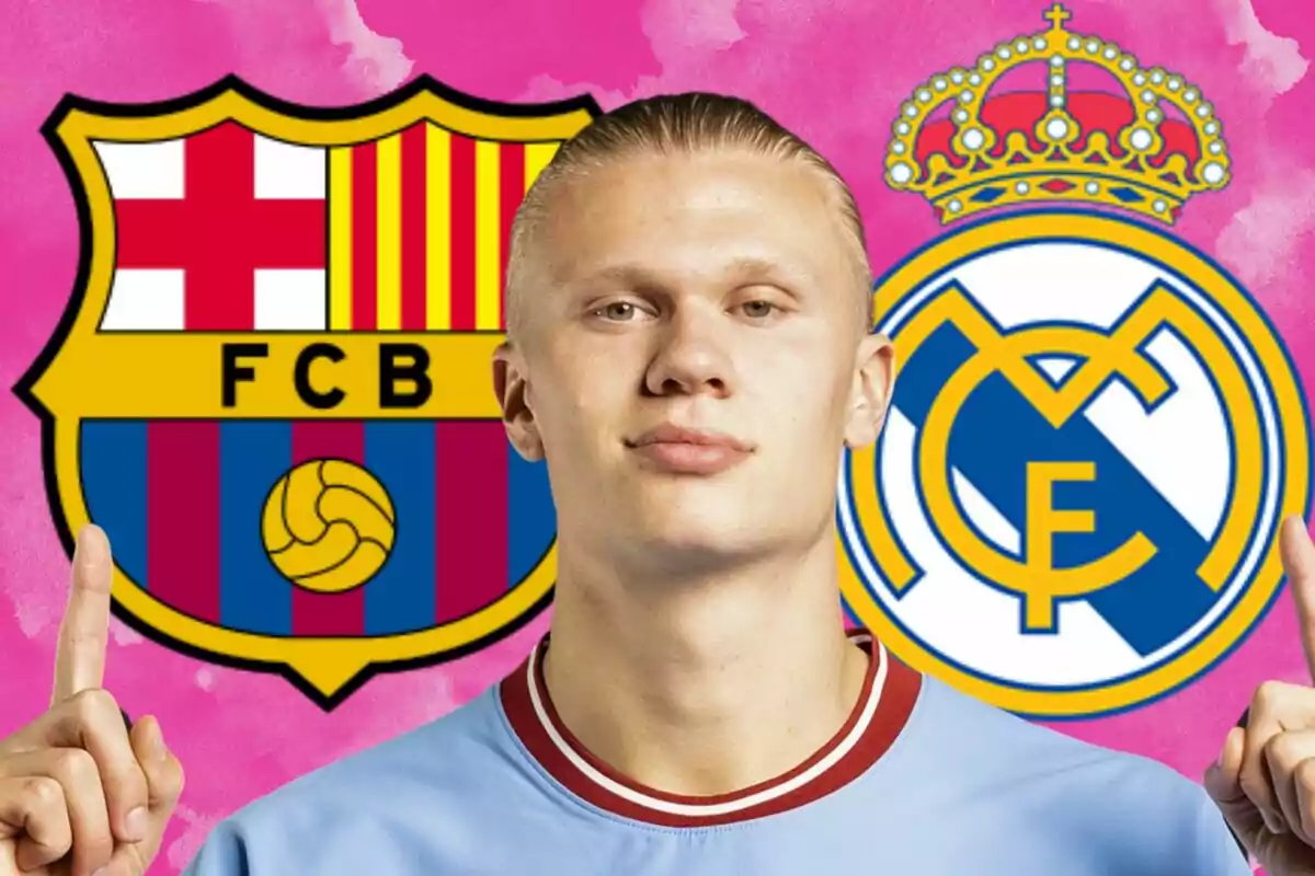 A man in a light blue jersey is at the center of the image, pointing upwards with both index fingers, with the FC Barcelona and Real Madrid crests in the background on a pink backdrop.
