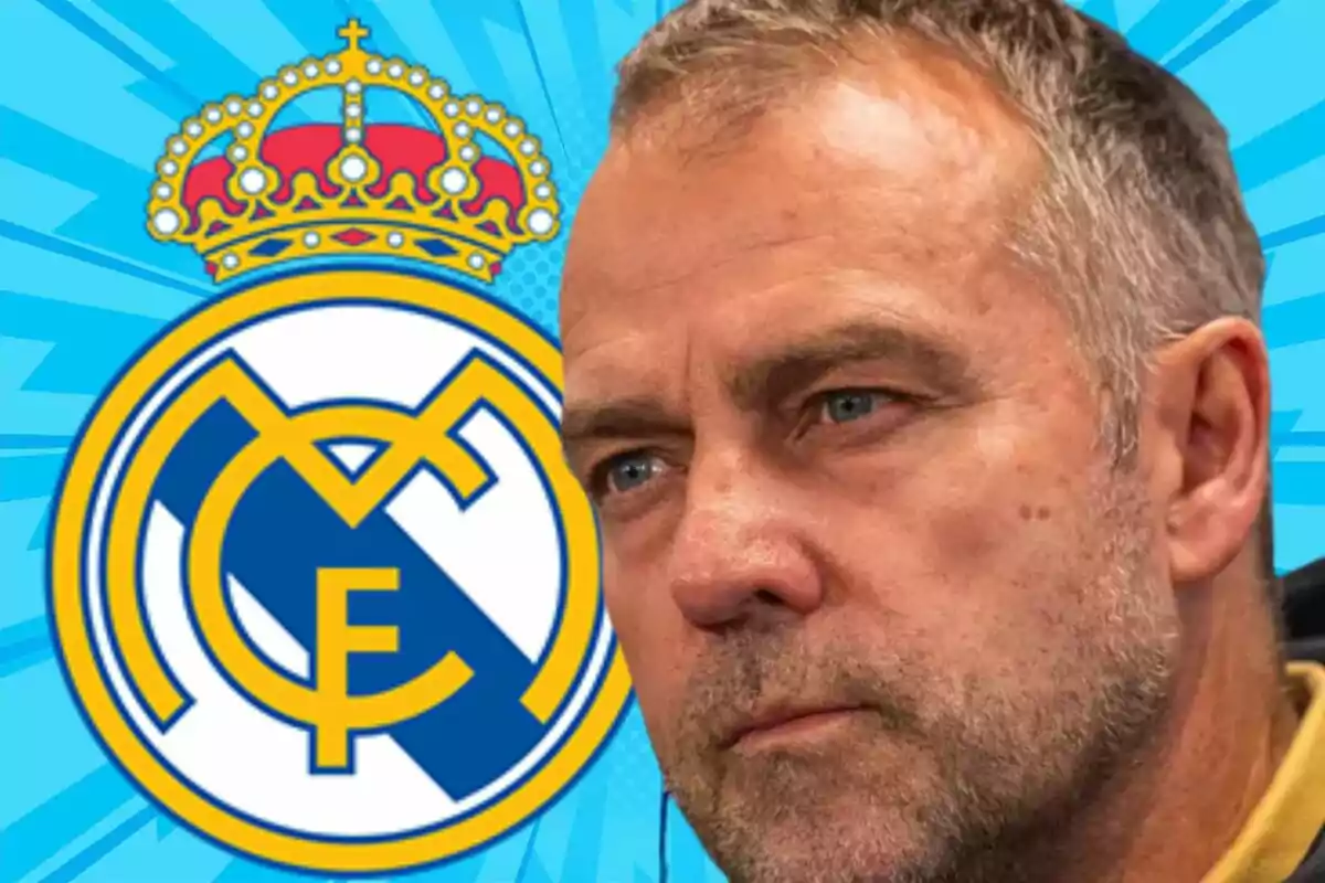 Un hombre con expresión seria aparece frente al escudo del Real Madrid sobre un fondo azul.