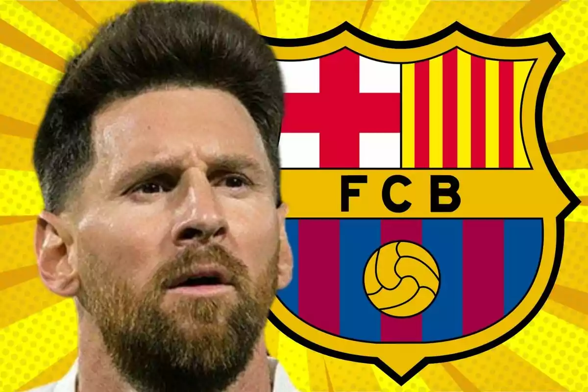 Un hombre con barba y cabello oscuro aparece frente al escudo del FC Barcelona sobre un fondo amarillo con rayos.