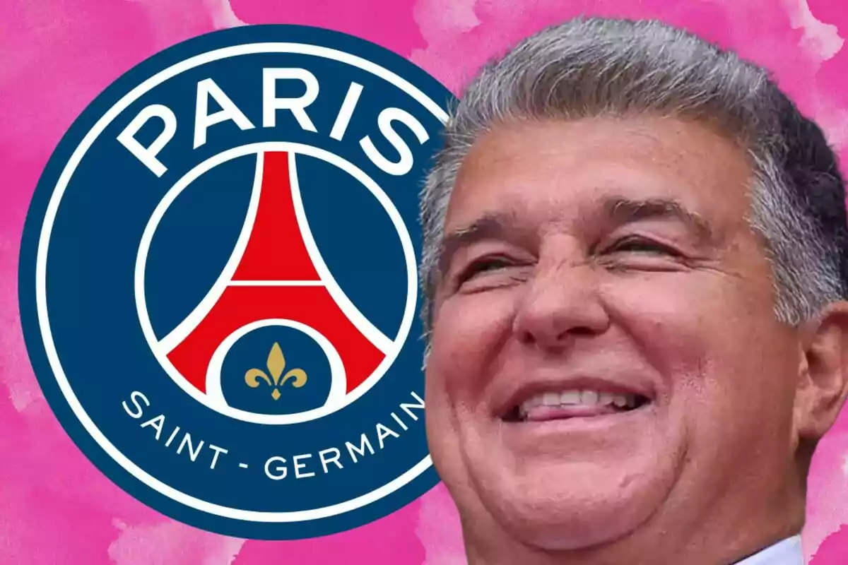 Un hombre sonriente frente al logo del Paris Saint-Germain sobre un fondo rosa.