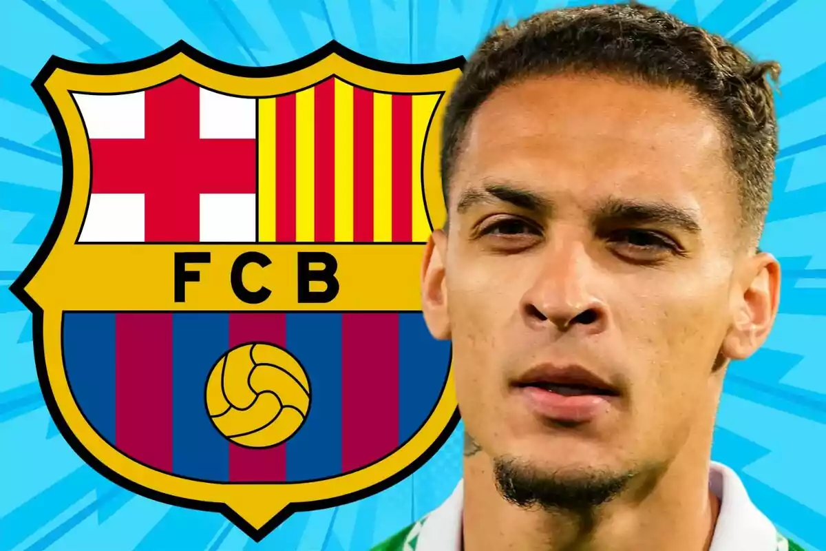 Un escudo del FC Barcelona junto a un hombre con expresión seria sobre un fondo azul.