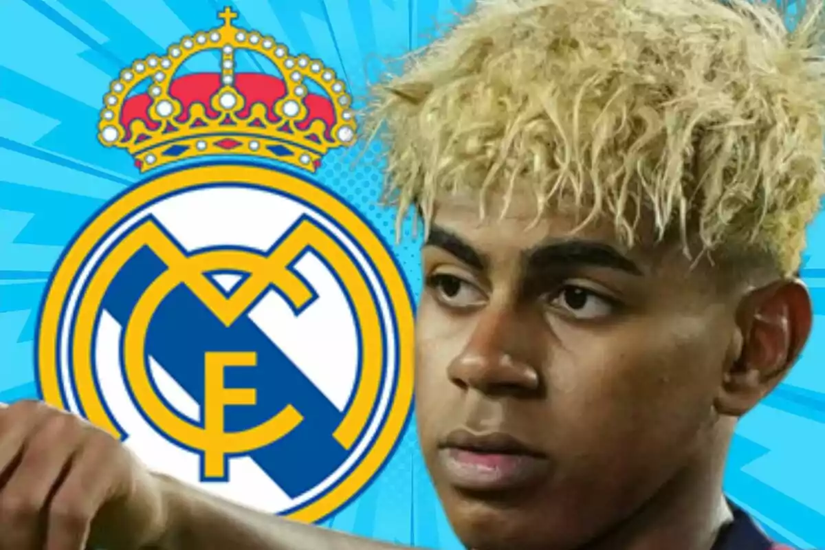Un joven con cabello rubio aparece frente al escudo del Real Madrid sobre un fondo azul.