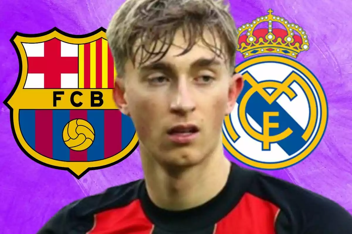 Un jugador de fútbol con una camiseta negra y roja aparece en primer plano, con los escudos del FC Barcelona y el Real Madrid en el fondo sobre un fondo morado.