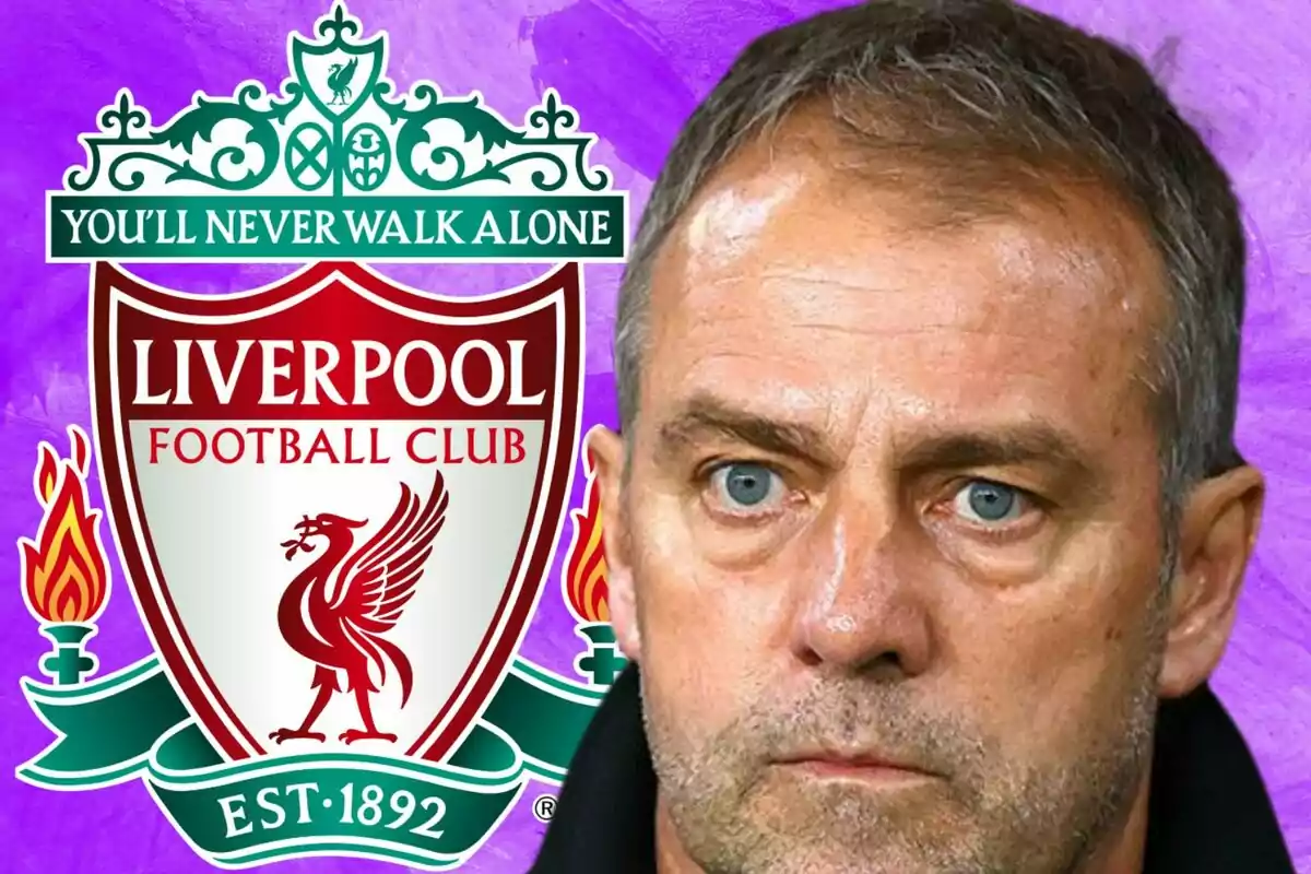 A man with a serious expression in front of the Liverpool Football Club crest against a purple background.