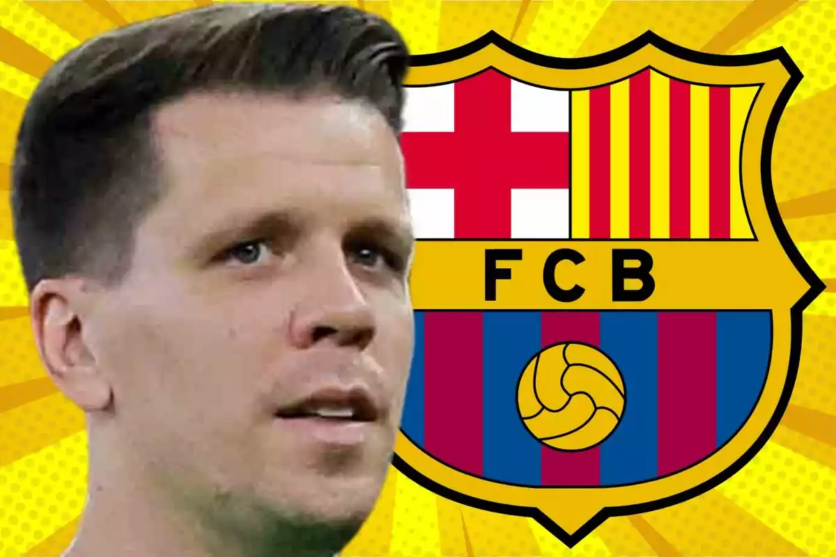 A man in front of the FC Barcelona crest with a yellow background.