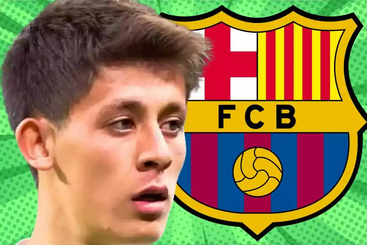 Un jugador de fútbol con el escudo del FC Barcelona de fondo.