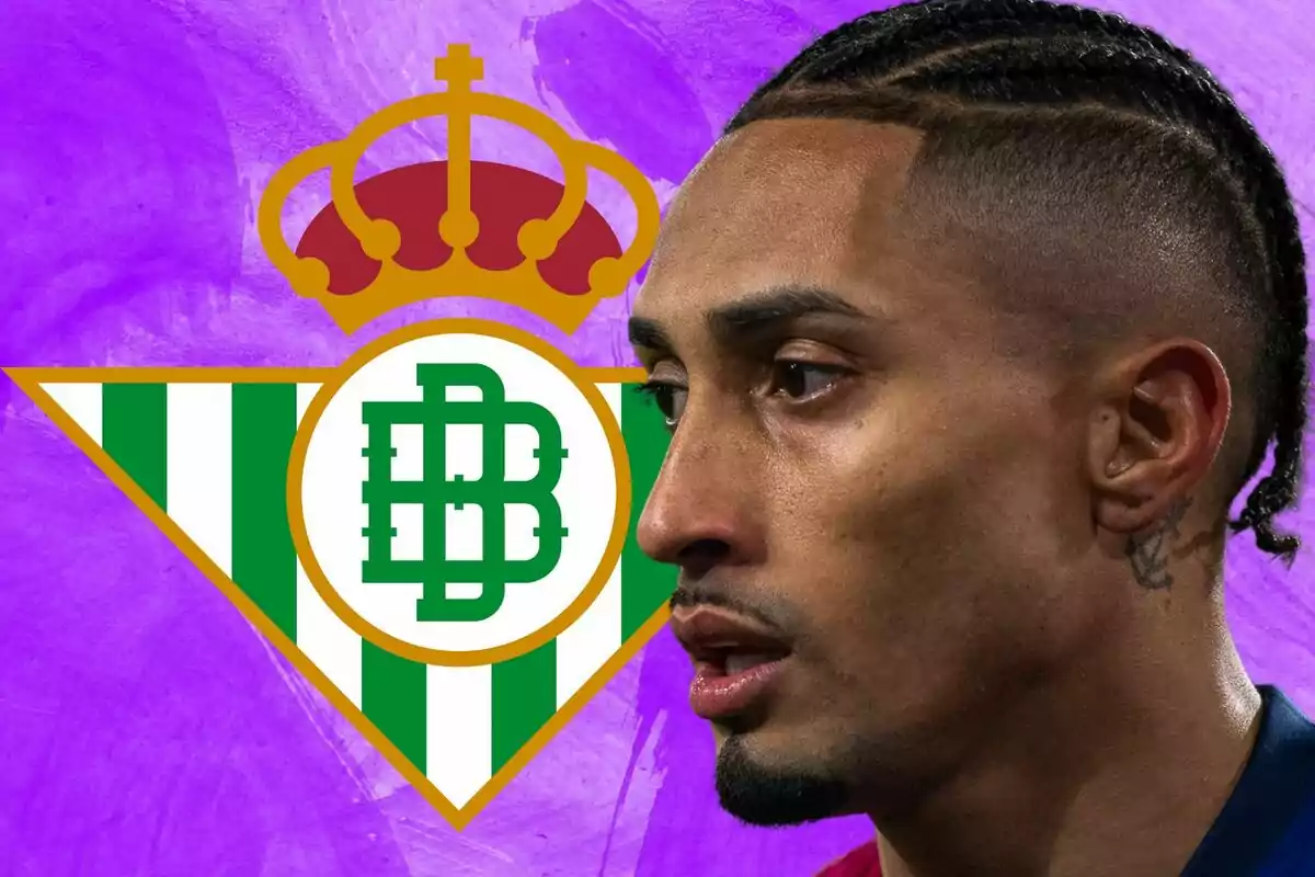Un hombre con trenzas y un tatuaje en el cuello aparece en primer plano, con el escudo del Real Betis en el fondo sobre un fondo morado.