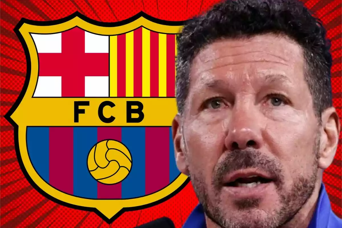 Un hombre frente al escudo del FC Barcelona con un fondo rojo.