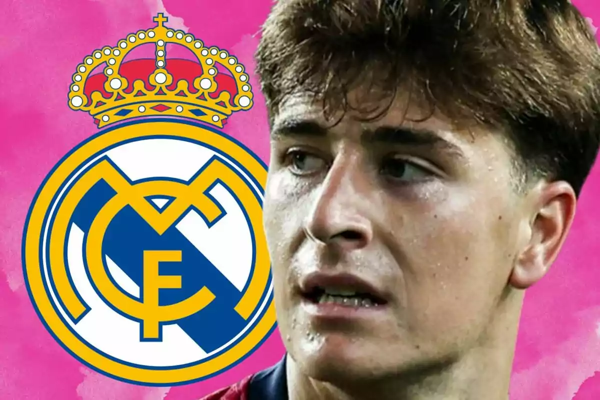 Un jugador de fútbol con expresión seria aparece frente al escudo del Real Madrid sobre un fondo rosa.