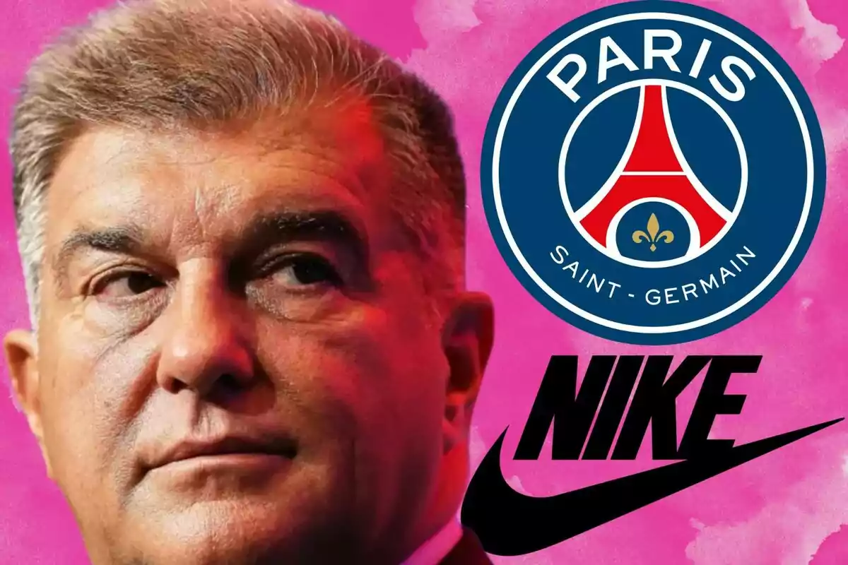 Un hombre con expresión seria junto al logo del Paris Saint-Germain y el logotipo de Nike sobre un fondo rosa.
