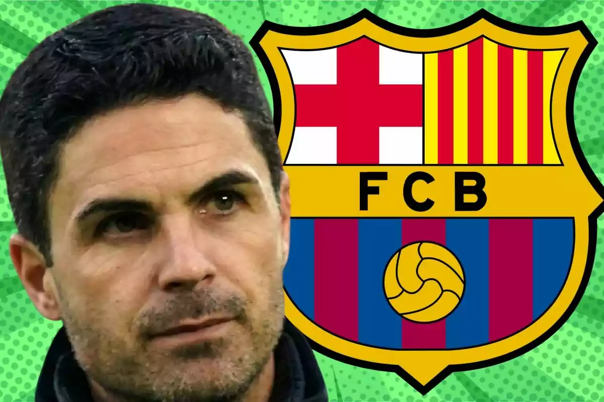 Un hombre con expresión seria frente al escudo del FC Barcelona sobre un fondo verde con patrones geométricos.