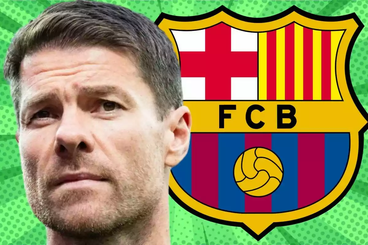 Man with a serious expression in front of the FC Barcelona crest on a green background with dots.