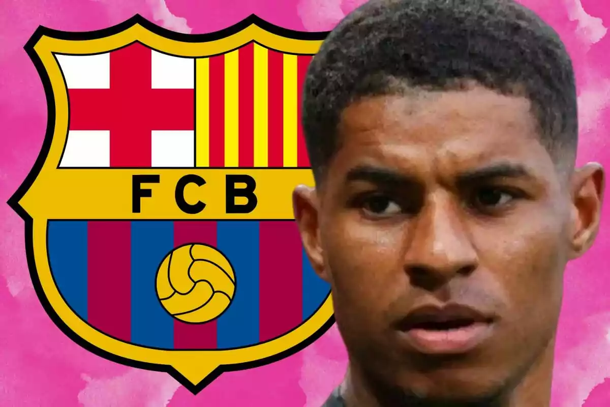 Un escudo del FC Barcelona sobre un fondo rosa junto a un hombre.