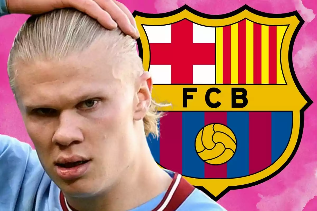 Un jugador de fútbol con el cabello rubio se toca la cabeza frente al escudo del FC Barcelona sobre un fondo rosa.