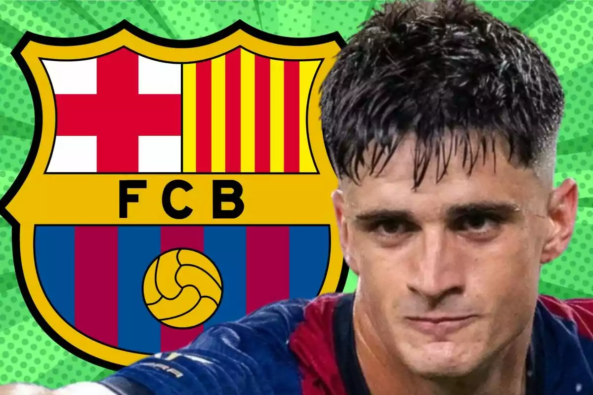 Un jugador de fútbol con el escudo del FC Barcelona de fondo.