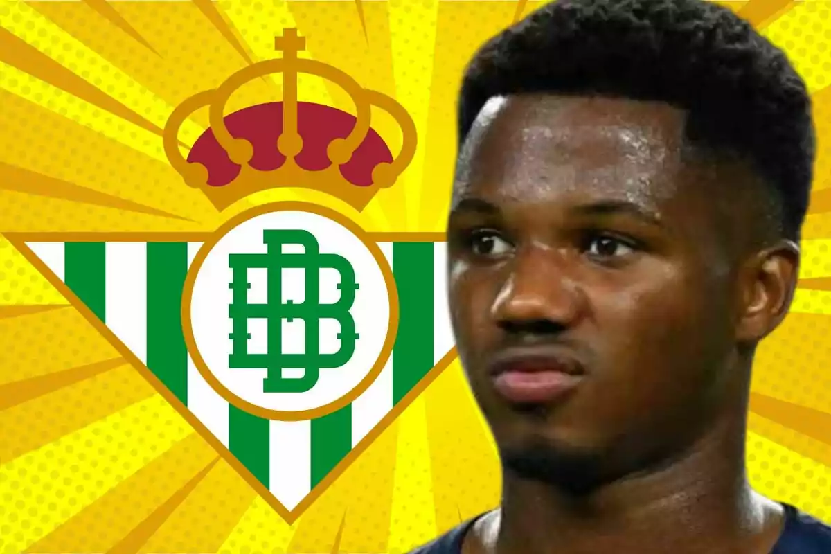 A man with a serious expression in front of the Real Betis crest on a yellow background with lightning bolts.