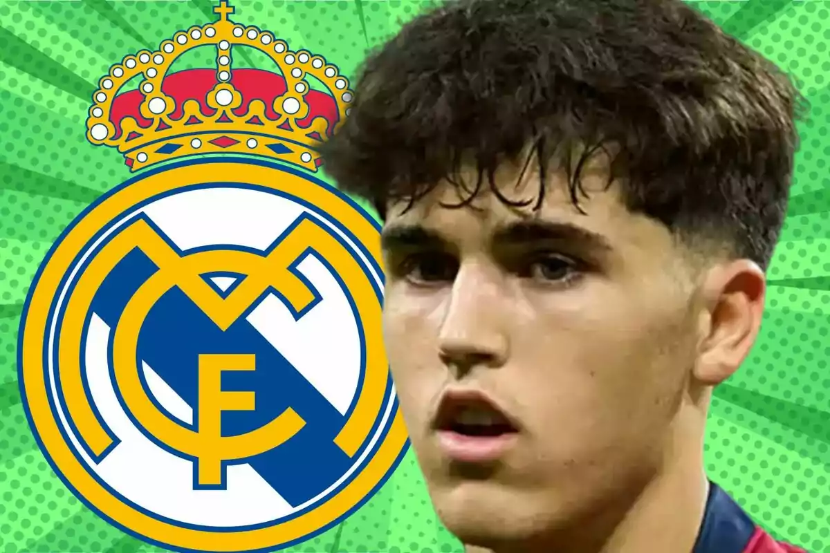 Un joven futbolista con el escudo del Real Madrid sobre un fondo verde.
