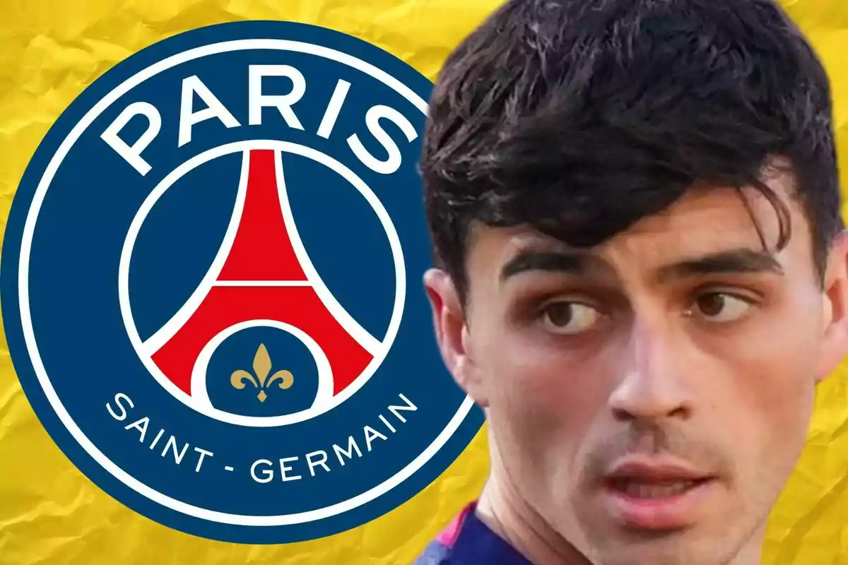 A player with the Paris Saint-Germain logo in the background on a yellow backdrop.