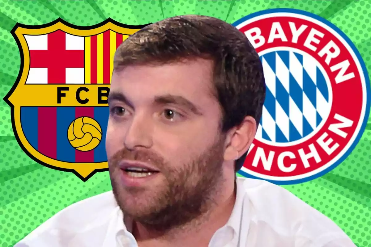 A man with a beard and light brown hair appears in the foreground with the FC Barcelona and Bayern Munich crests in the background on a green design.