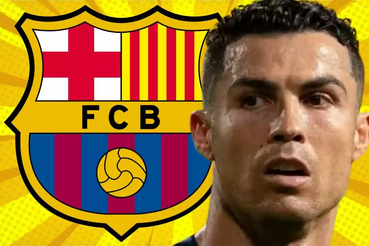 Un jugador de fútbol frente al escudo del FC Barcelona con un fondo amarillo.