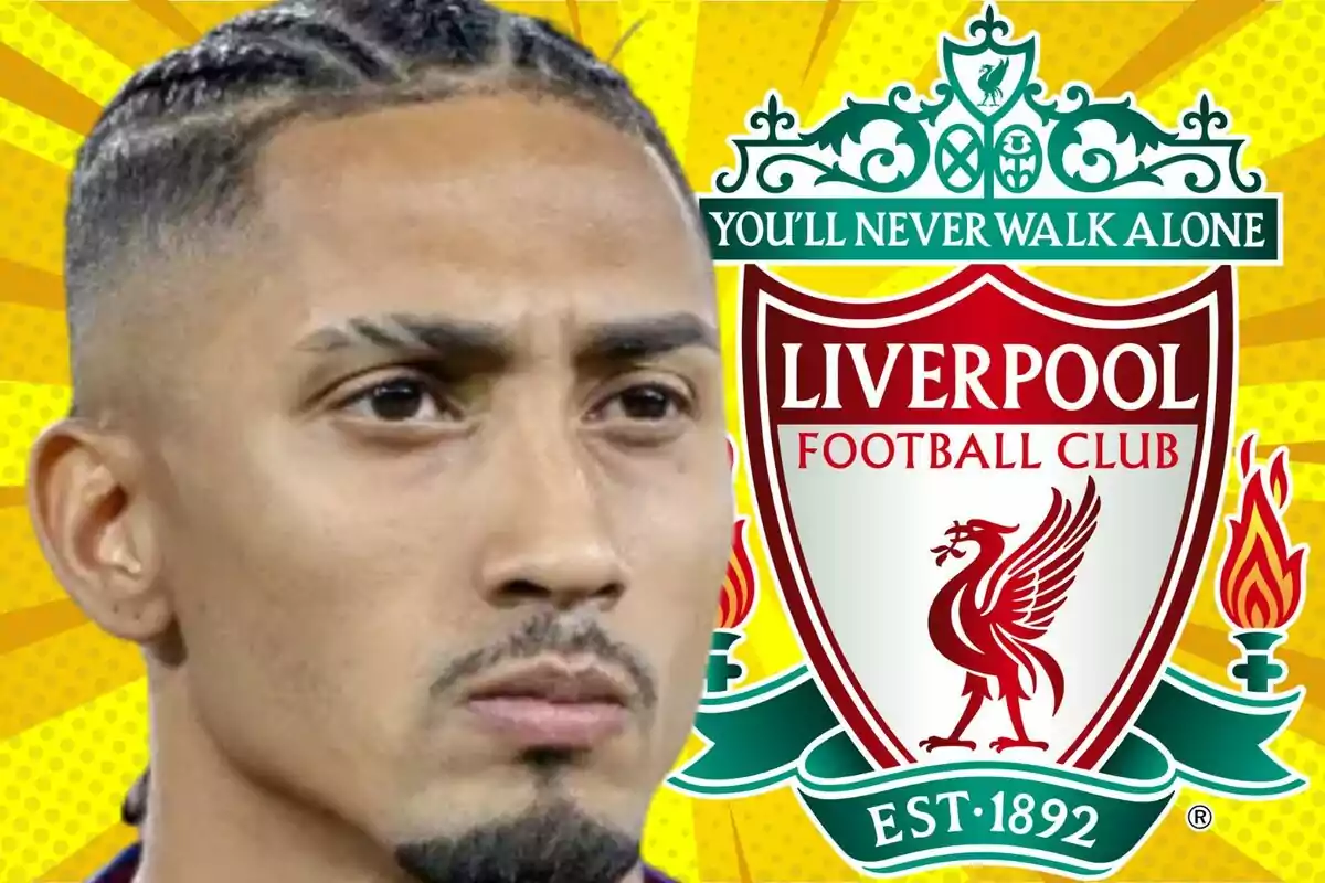 Un hombre con trenzas aparece junto al escudo del Liverpool FC sobre un fondo amarillo con rayos.